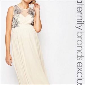 Little Mistress Maternity Cream Sweetheart Embroidery Midi Dress Baby Shower 10